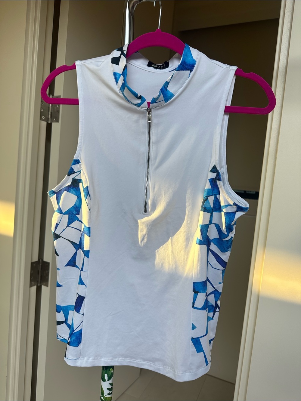 Amy Sport Sleeveless White Tank Top with Blue Geometric Side Panels Size MD